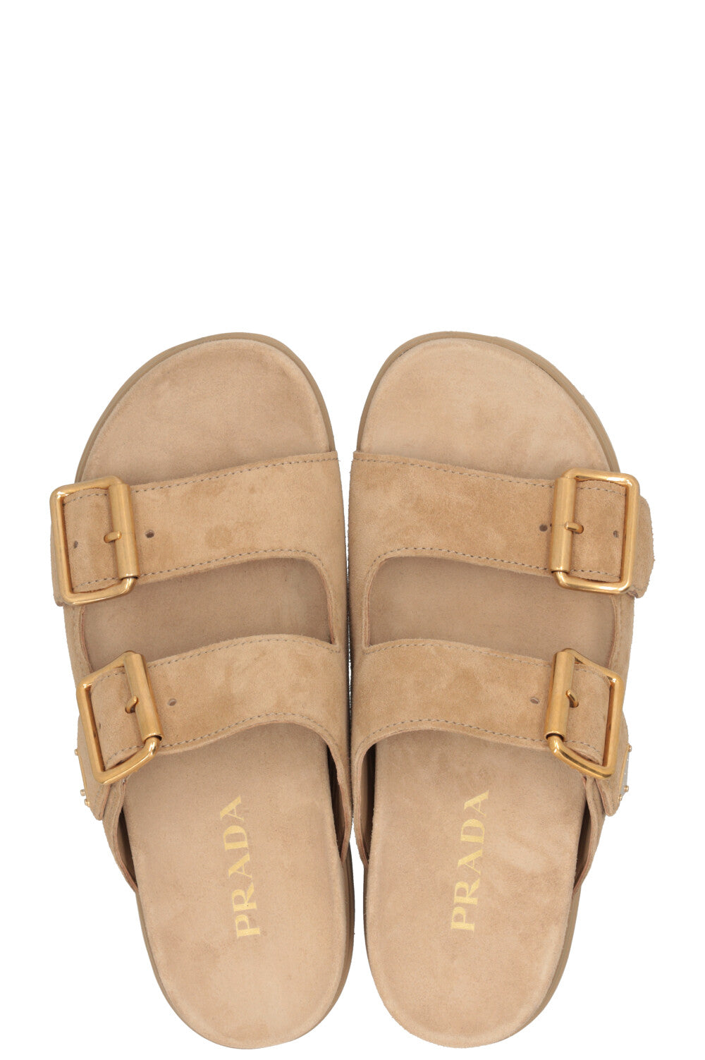 PRADA Double Buckle Slides Suede Beige