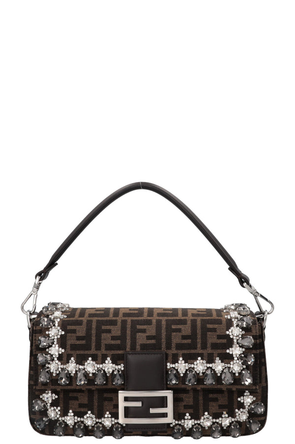 FENDI Crystal Zucca Print Baguette Shoulder Bag Canvas