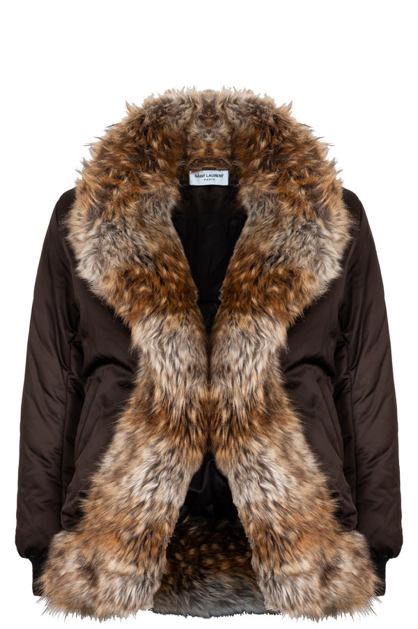 SAINT LAURENT 2022 Faux Fur Collar Bomber Jacket Brown