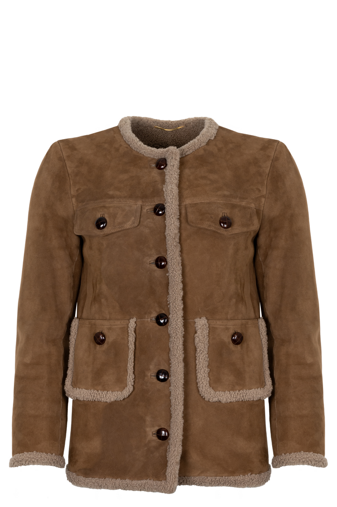 SAINT LAURENT 2021 Shearling Trimmed Suede Jacket Brown – REAWAKE