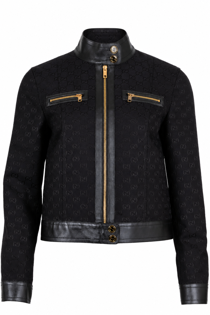 GUCCI Supreme GG Leather Detail Zip Jacket Denim Black