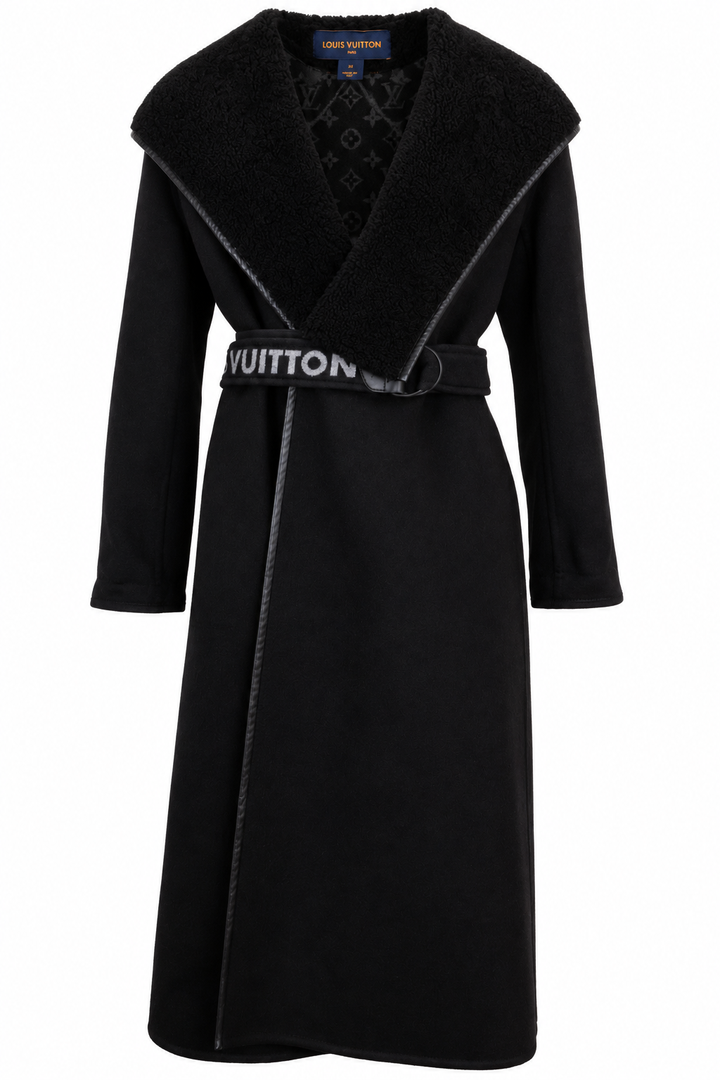 Manteau LOUIS VUITTON à col châle et ceinture en peau lainée noir