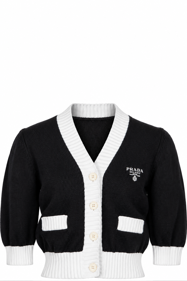 PRADA Cropped Logo Knit Cardigan Black
