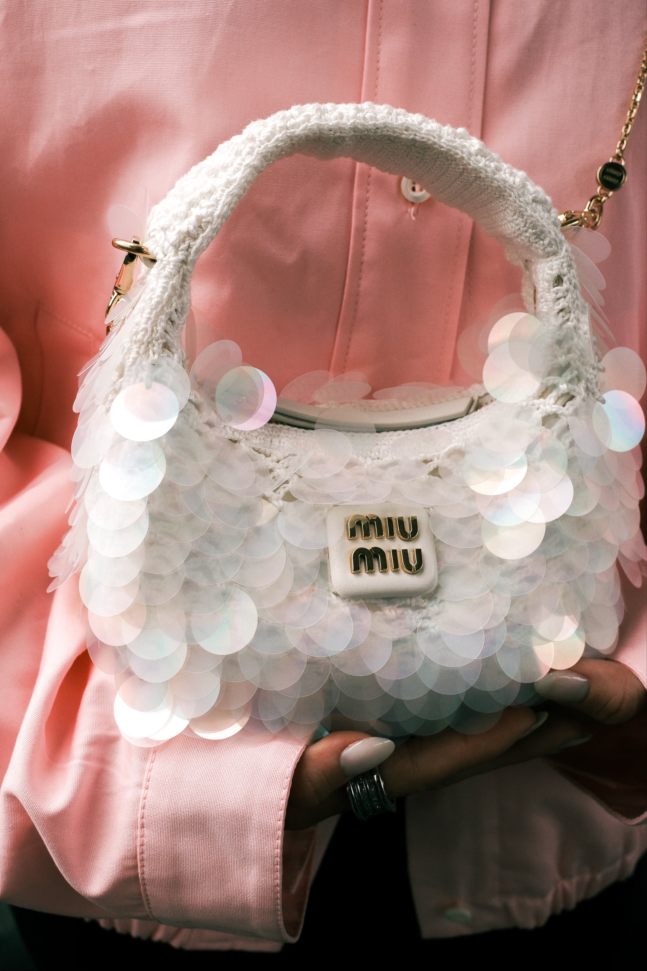 MIU MIU Sequin Mini Wander Crochet Hand Bag White – REAWAKE