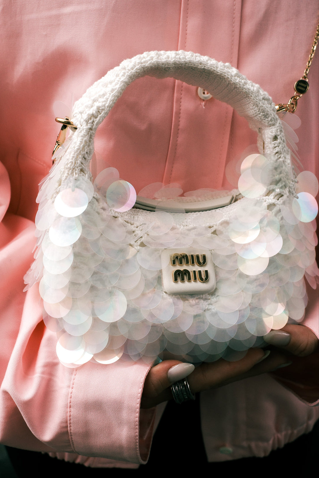 MIU MIU Sequin Mini Wander Crochet Hand Bag White