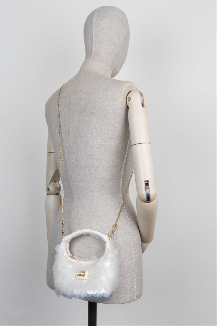 MIU MIU Sequin Mini Wander Crochet Hand Bag White