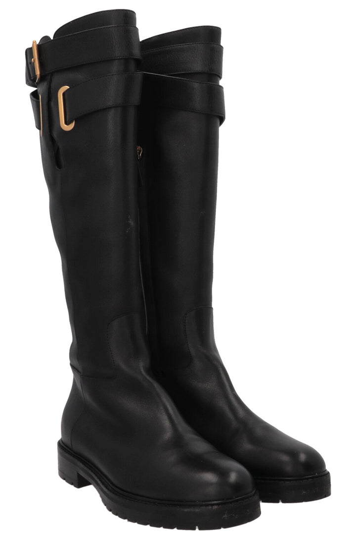 VALENTINO Buckle Knee-High Boots Leather Black