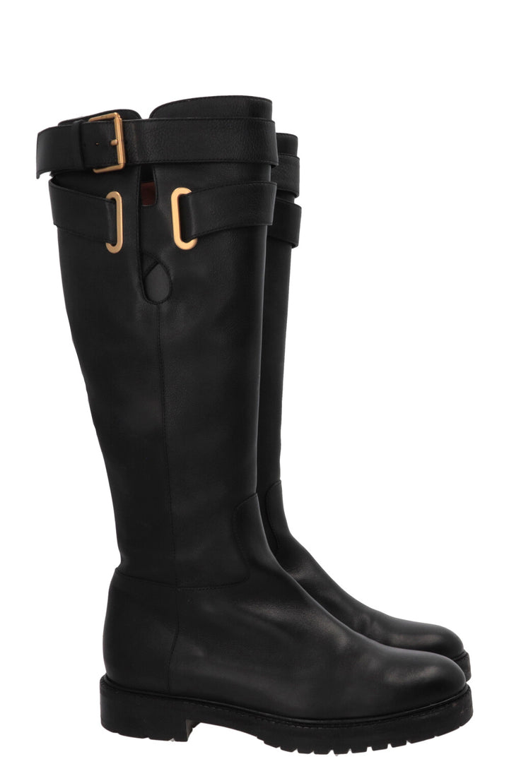 VALENTINO Buckle Knee-High Boots Leather Black