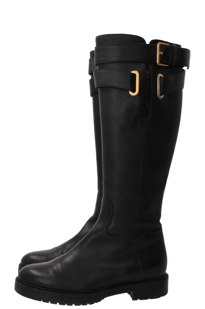 VALENTINO Buckle Knee-High Boots Leather Black