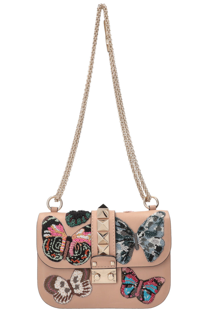 VALENTINO Butterfly Beads Glam Lock Bag Leather Nude