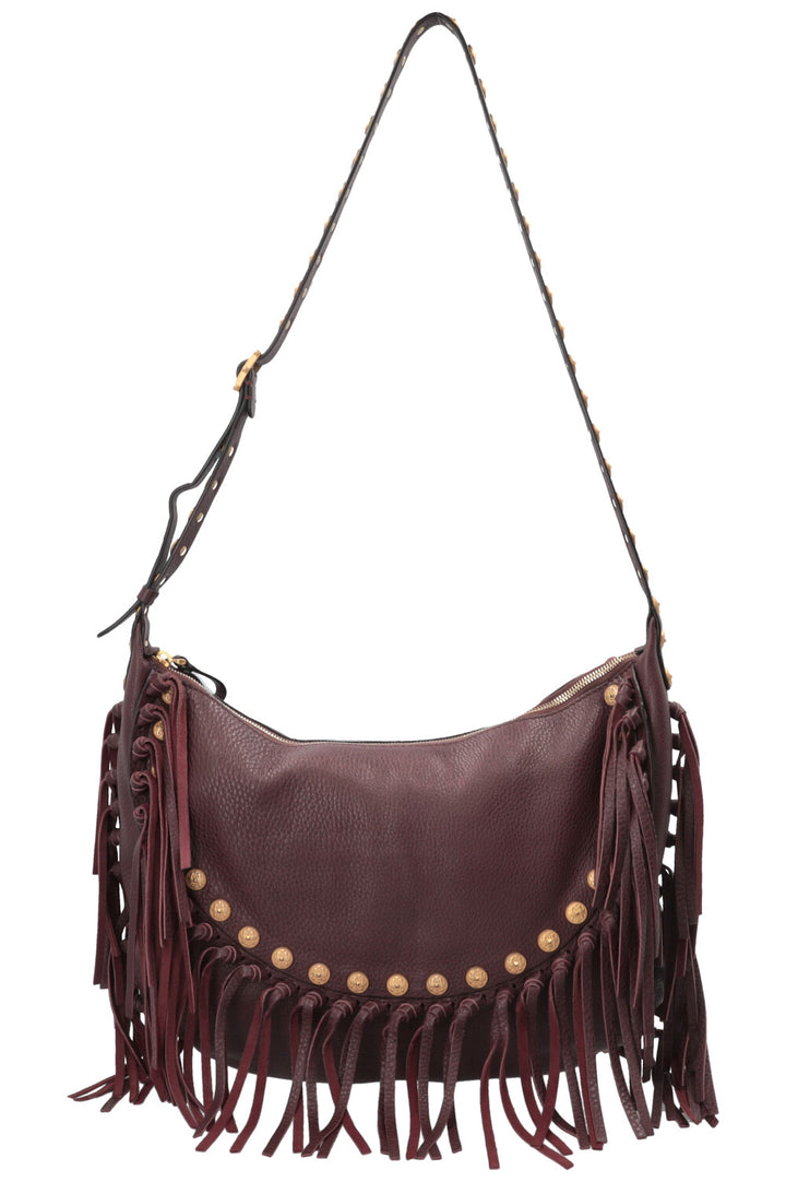 VALENTINO C-Rockee Fringe Hobo Bag Leather Burgundy