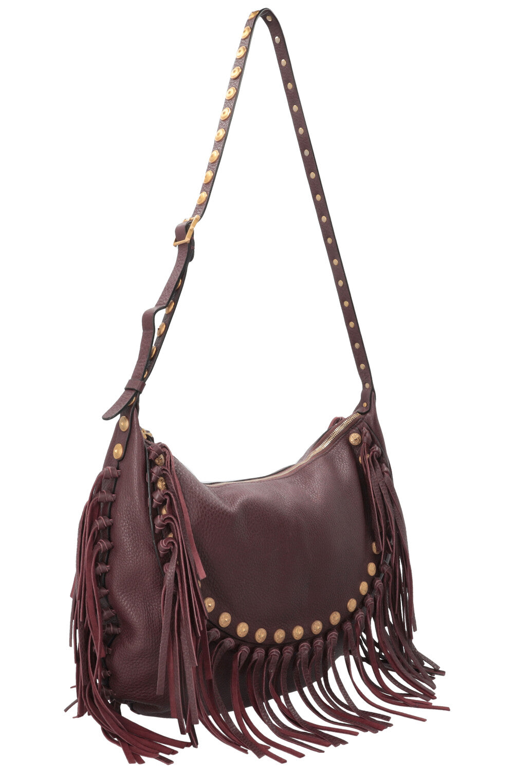 VALENTINO C-Rockee Fringe Hobo Bag Leather Burgundy