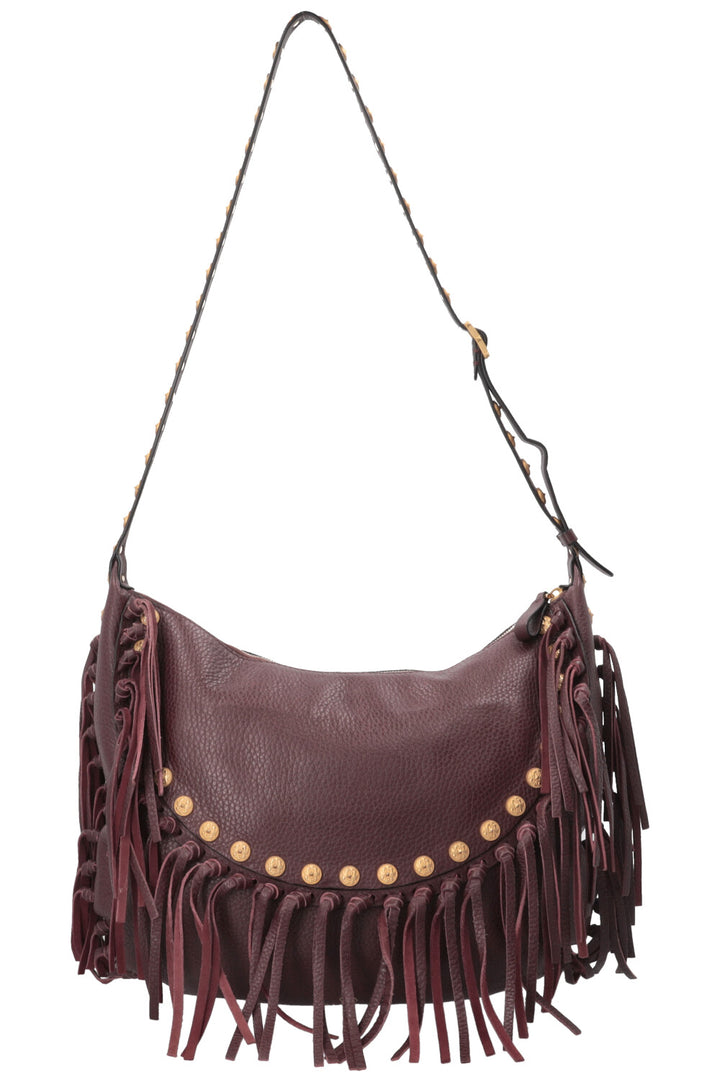 VALENTINO C-Rockee Fringe Hobo Bag Leather Burgundy