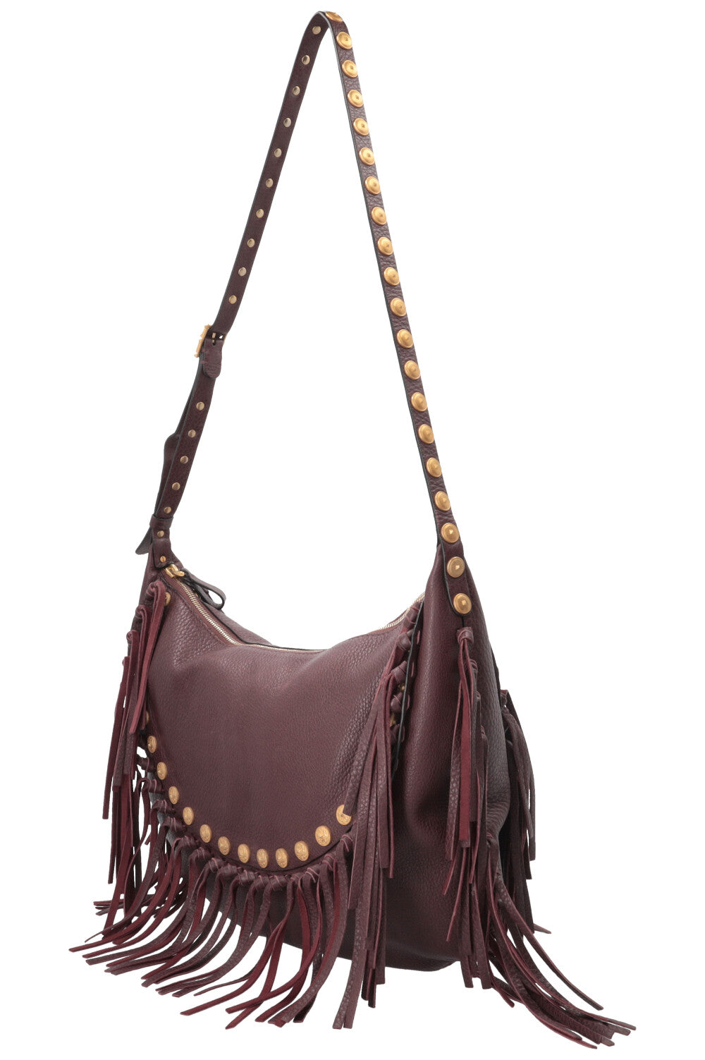 VALENTINO C-Rockee Fringe Hobo Bag Leather Burgundy