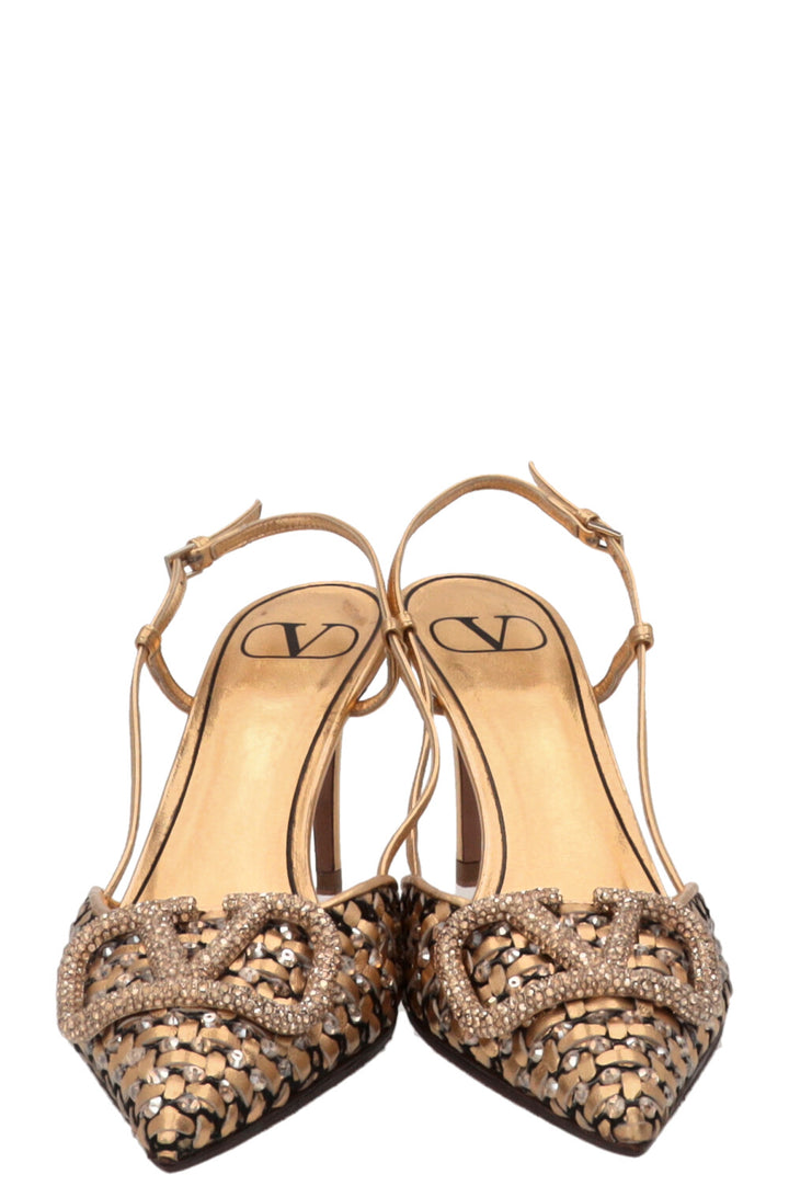 VALENTINO Crystal V Logo Signature Slingbacks Leather Gold