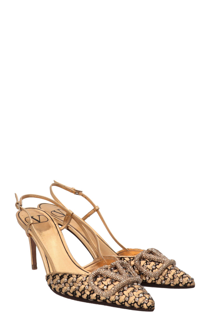 VALENTINO Crystal V Logo Signature Slingbacks Leather Gold