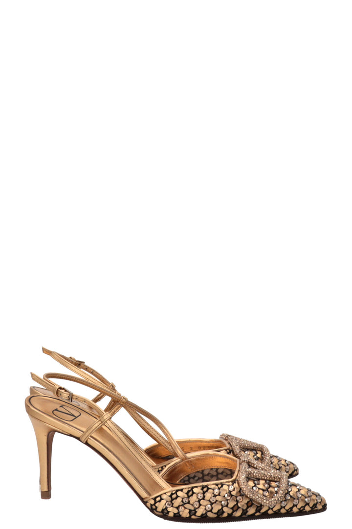 VALENTINO Crystal V Logo Signature Slingbacks Leather Gold
