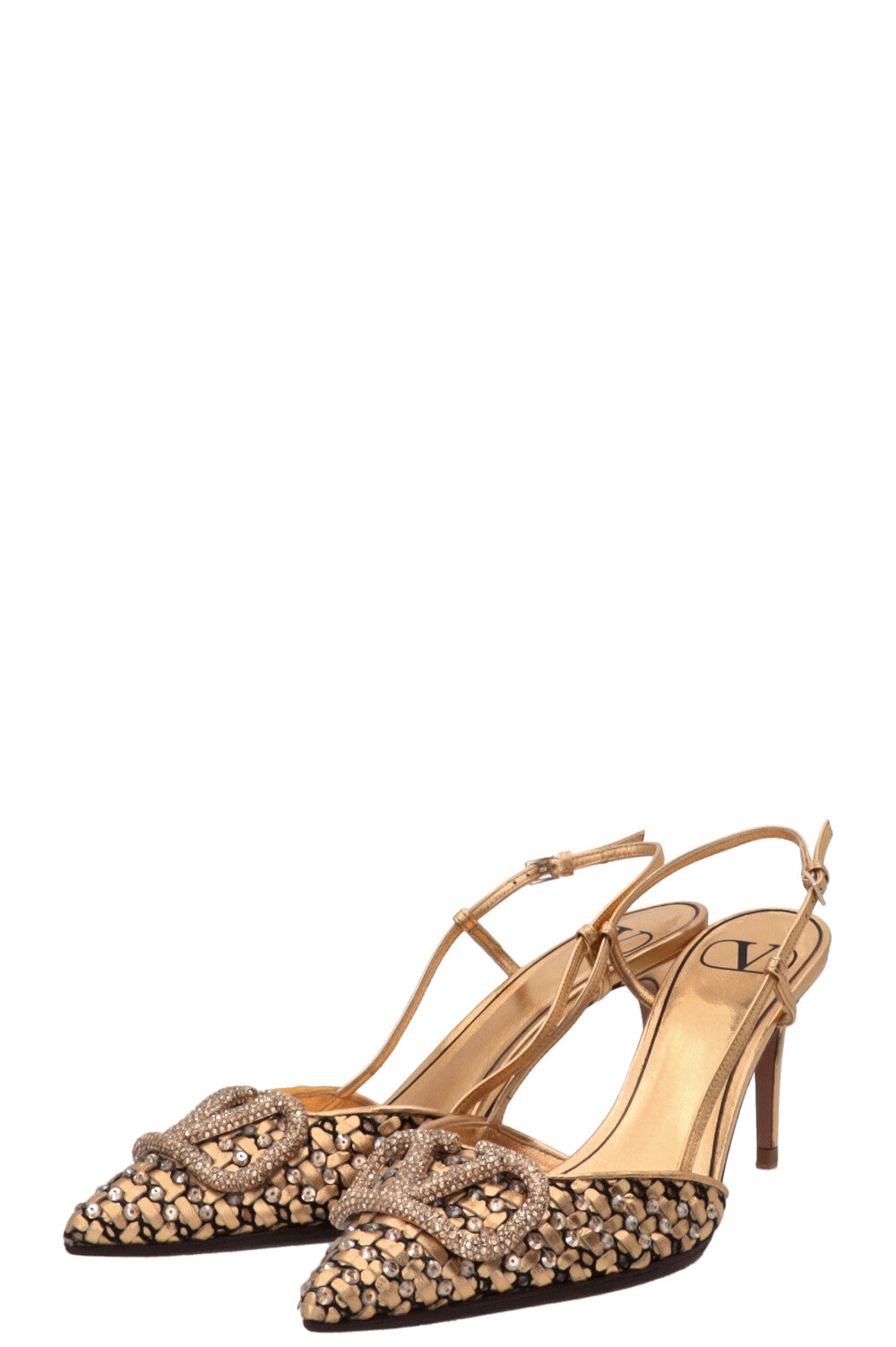 VALENTINO Crystal V Logo Signature Slingbacks Leather Gold