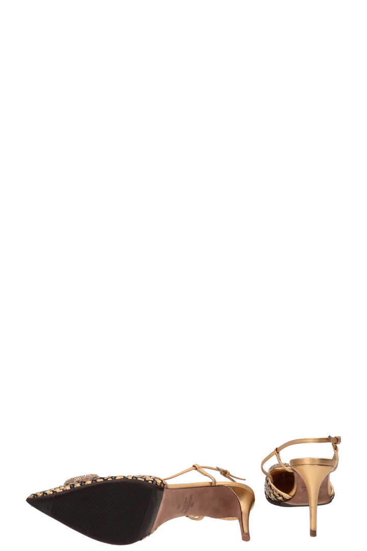 VALENTINO Crystal V Logo Signature Slingbacks Leather Gold