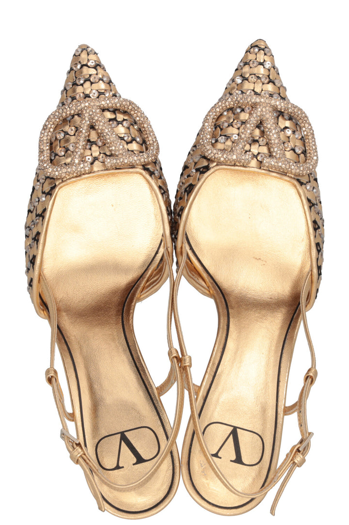 VALENTINO Crystal V Logo Signature Slingbacks Leather Gold
