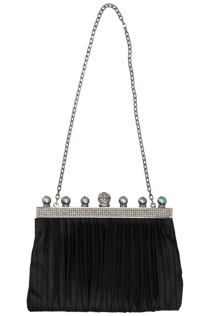 VALENTINO Crystal and Pearl Embellished Clutch Satin Black
