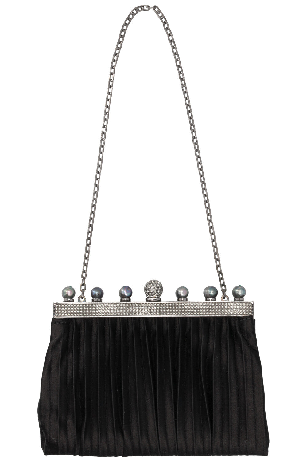 VALENTINO Crystal and Pearl Embellished Clutch Satin Black