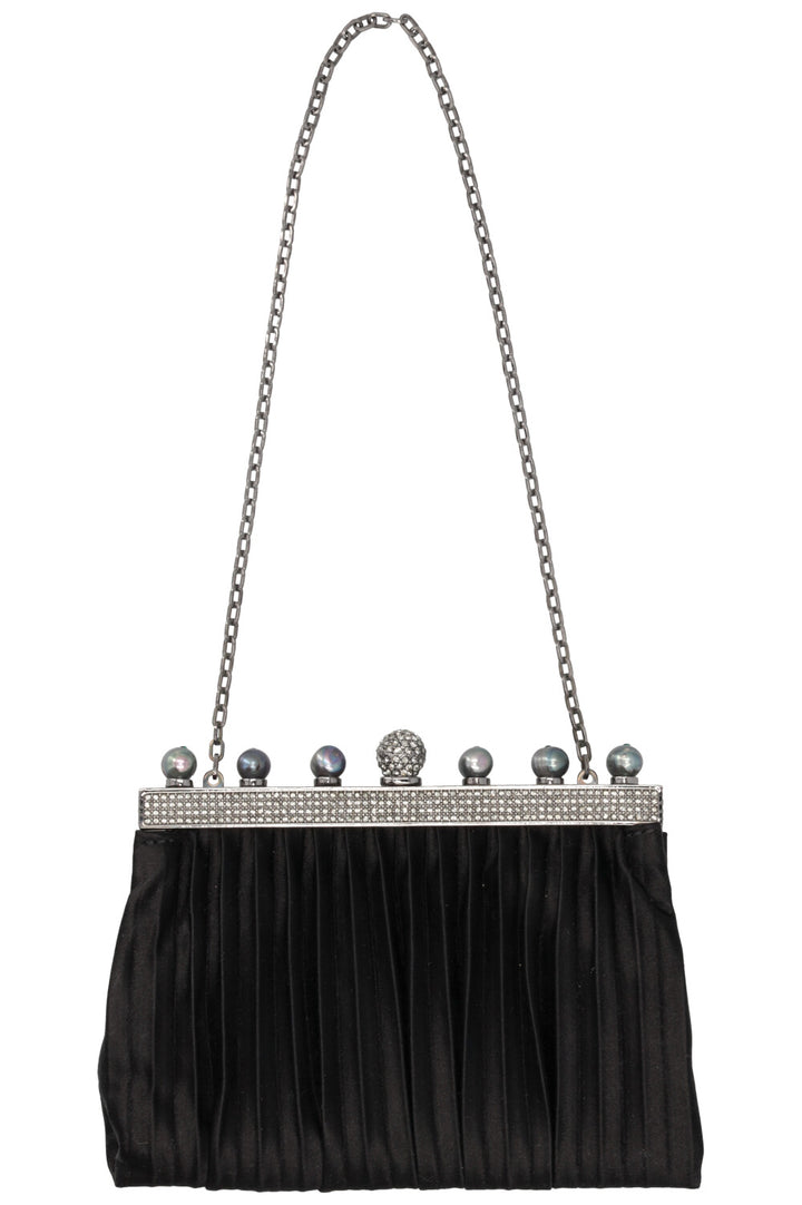 VALENTINO Crystal and Pearl Embellished Clutch Satin Black