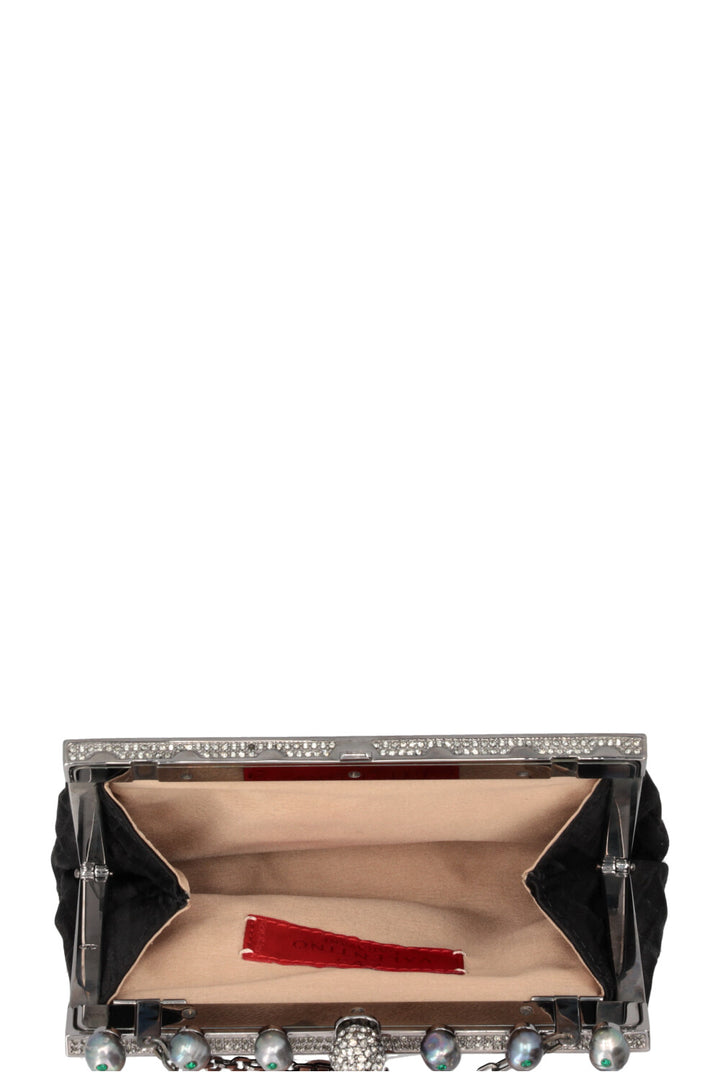 VALENTINO Crystal and Pearl Embellished Clutch Satin Black