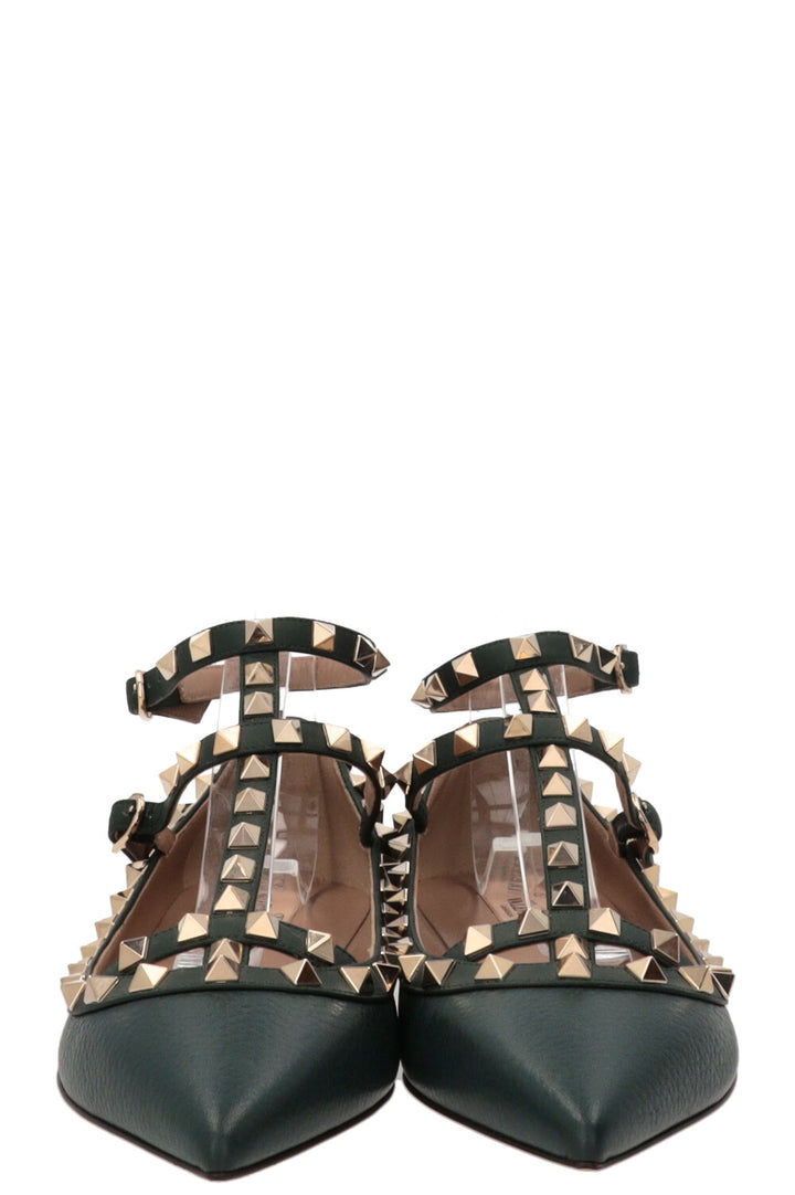 VALENTINO Ballerines Rockstud à bride cheville en cuir vert