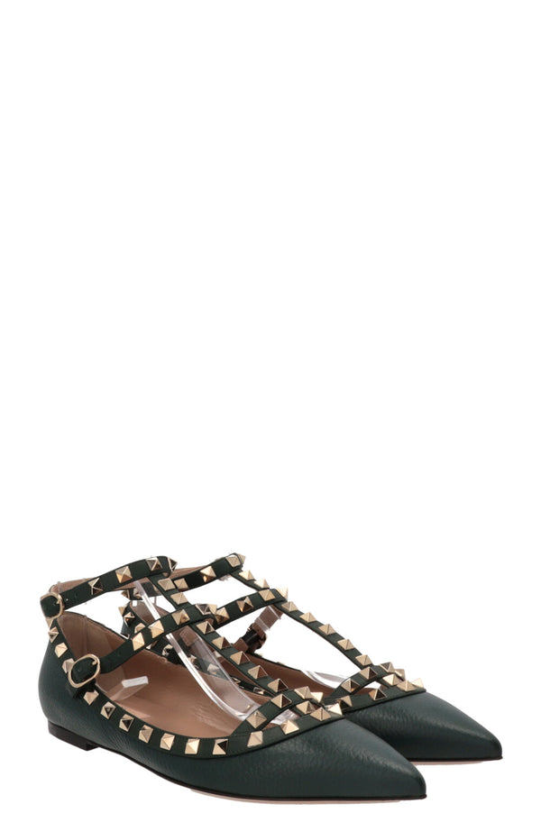 VALENTINO Rockstud Ankle Strap Flats Leather Green