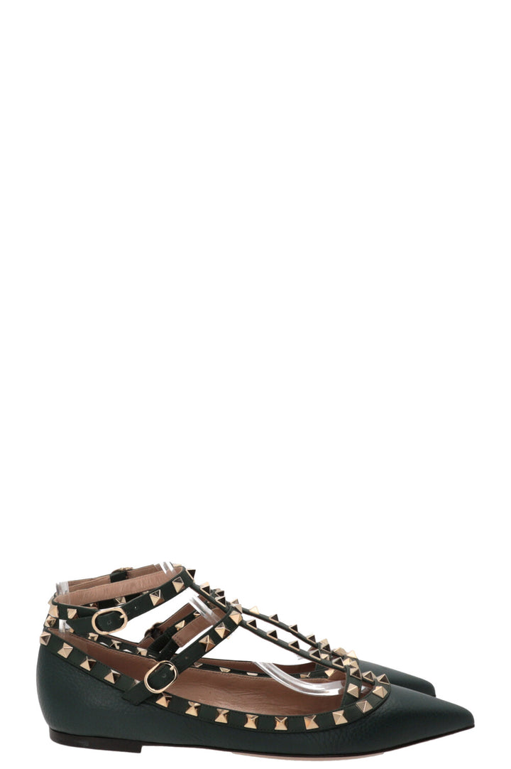 VALENTINO Ballerines Rockstud à bride cheville en cuir vert