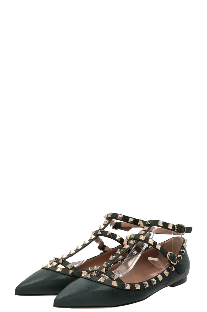 VALENTINO Ballerines Rockstud à bride cheville en cuir vert