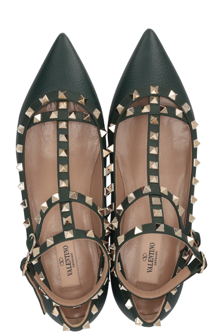 VALENTINO Ballerines Rockstud à bride cheville en cuir vert