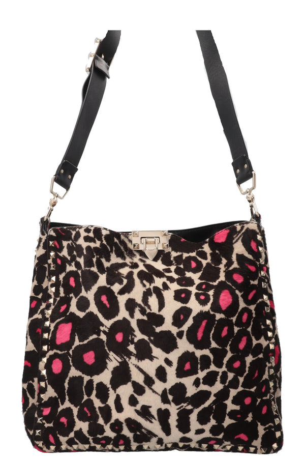 VALENTINO Rockstud Tote Bag Pony Hair Leopard Print Pink