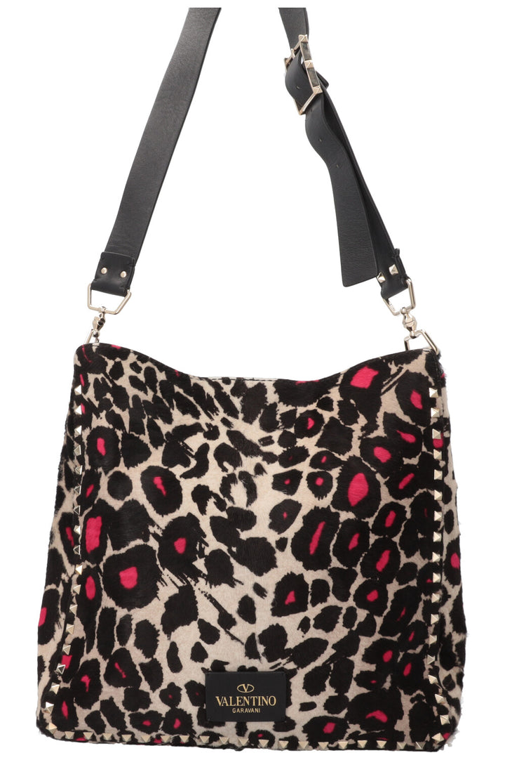 VALENTINO Rockstud Tote Bag Pony Hair Leopard Print Pink