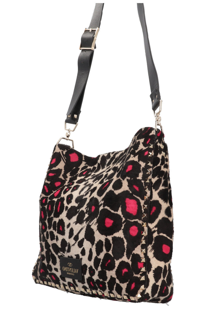 VALENTINO Rockstud Tote Bag Pony Hair Leopard Print Pink