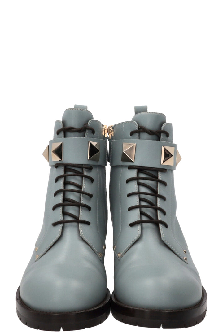 VALENTINO Romanstud Combat Boots Leather Turquoise