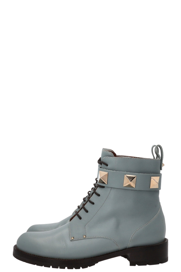 VALENTINO Romanstud Combat Boots Leather Turquoise
