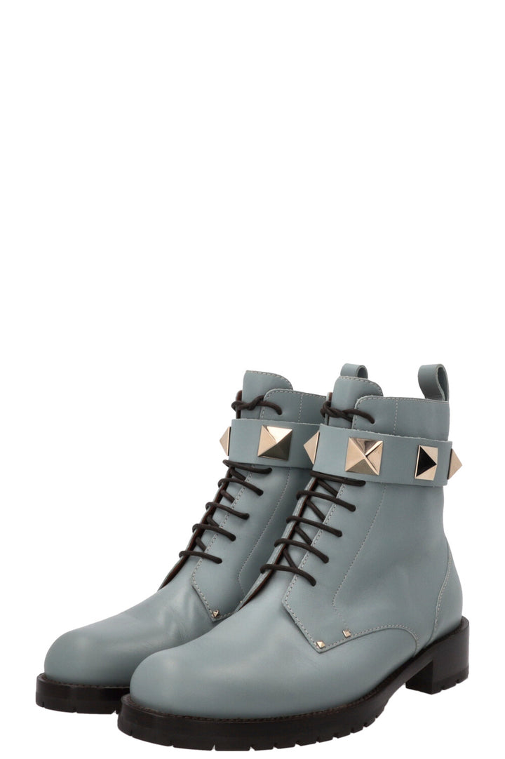 VALENTINO Romanstud Combat Boots Leather Turquoise