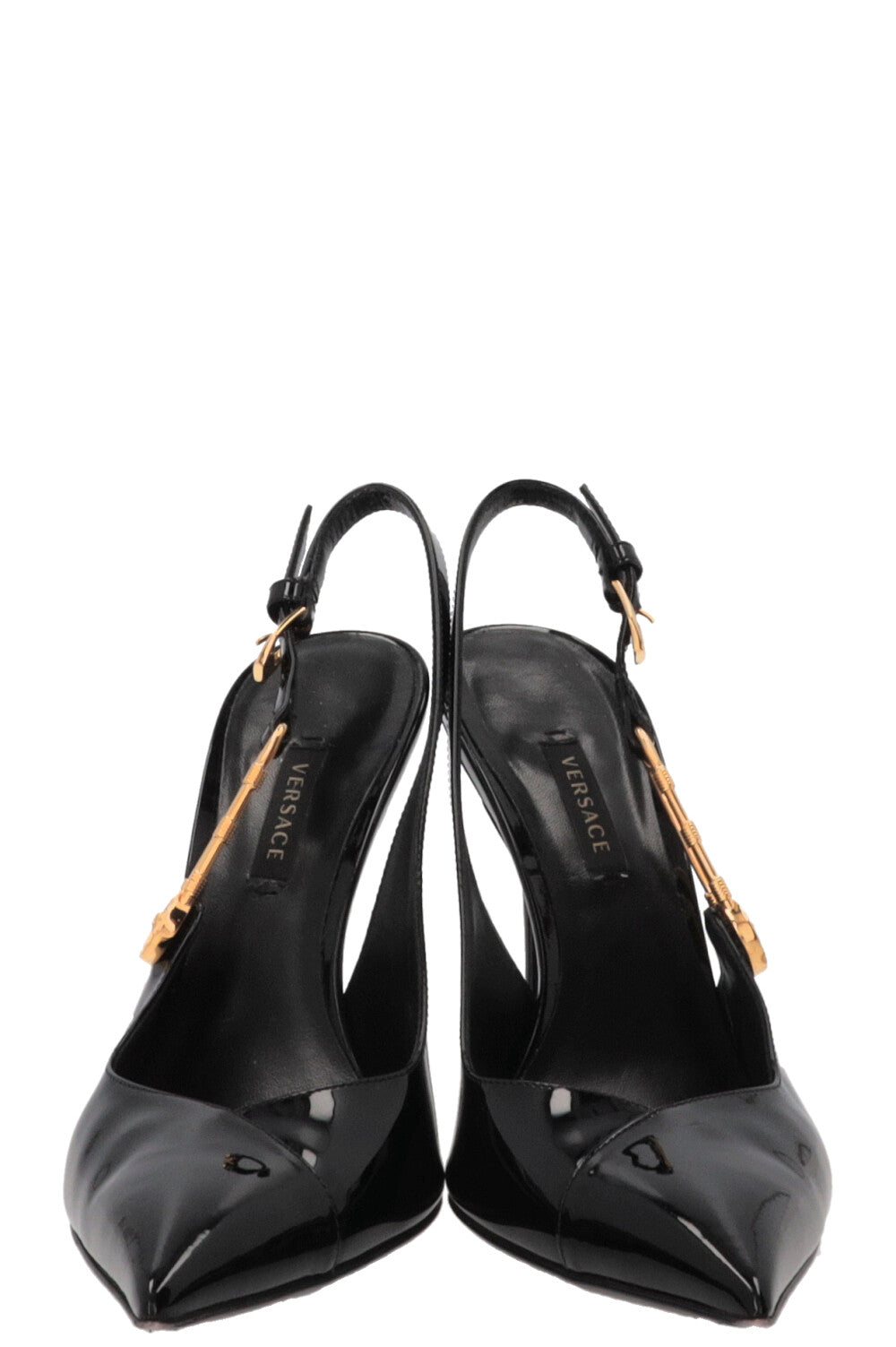 VERSACE Safety Pin Slingback Heels Patent Black