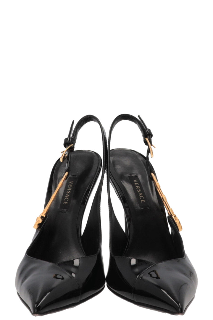 VERSACE Safety Pin Slingback Heels Patent Black