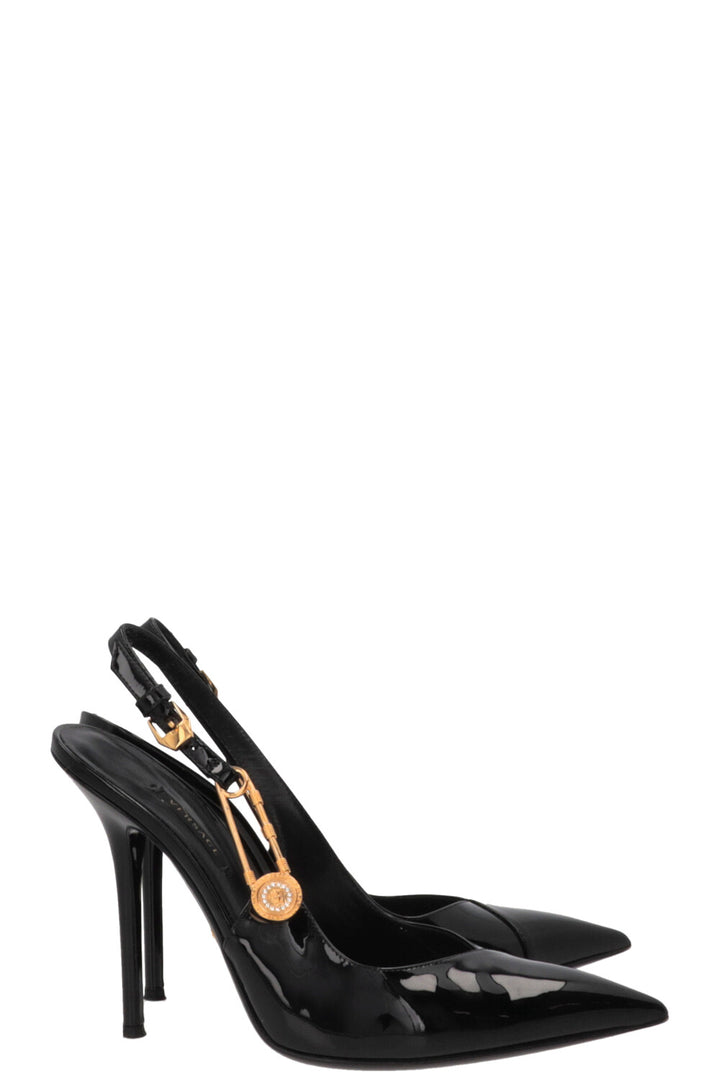 VERSACE Safety Pin Slingback Heels Patent Black