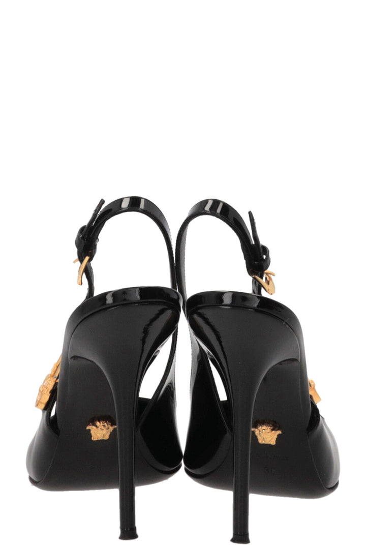 VERSACE Safety Pin Slingback Heels Patent Black