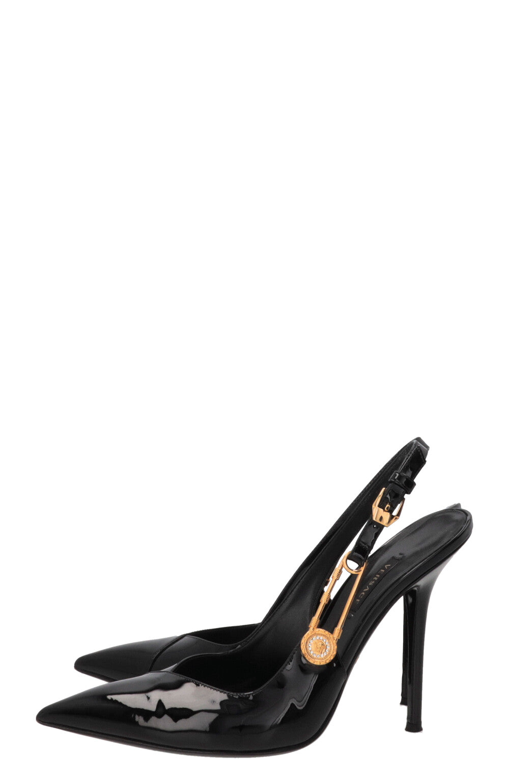 VERSACE Safety Pin Slingback Heels Patent Black