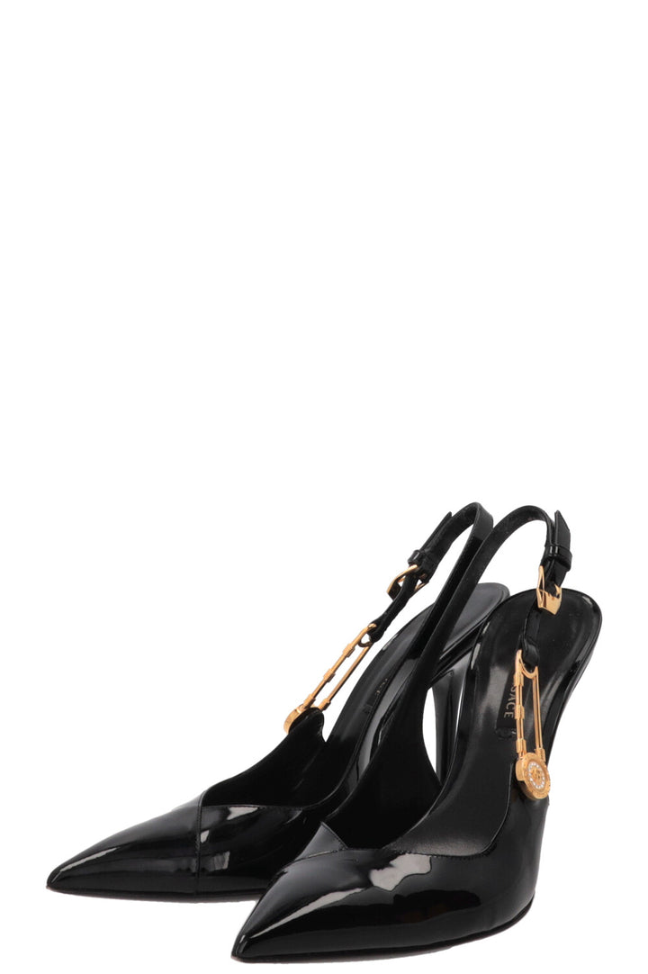 VERSACE Safety Pin Slingback Heels Patent Black