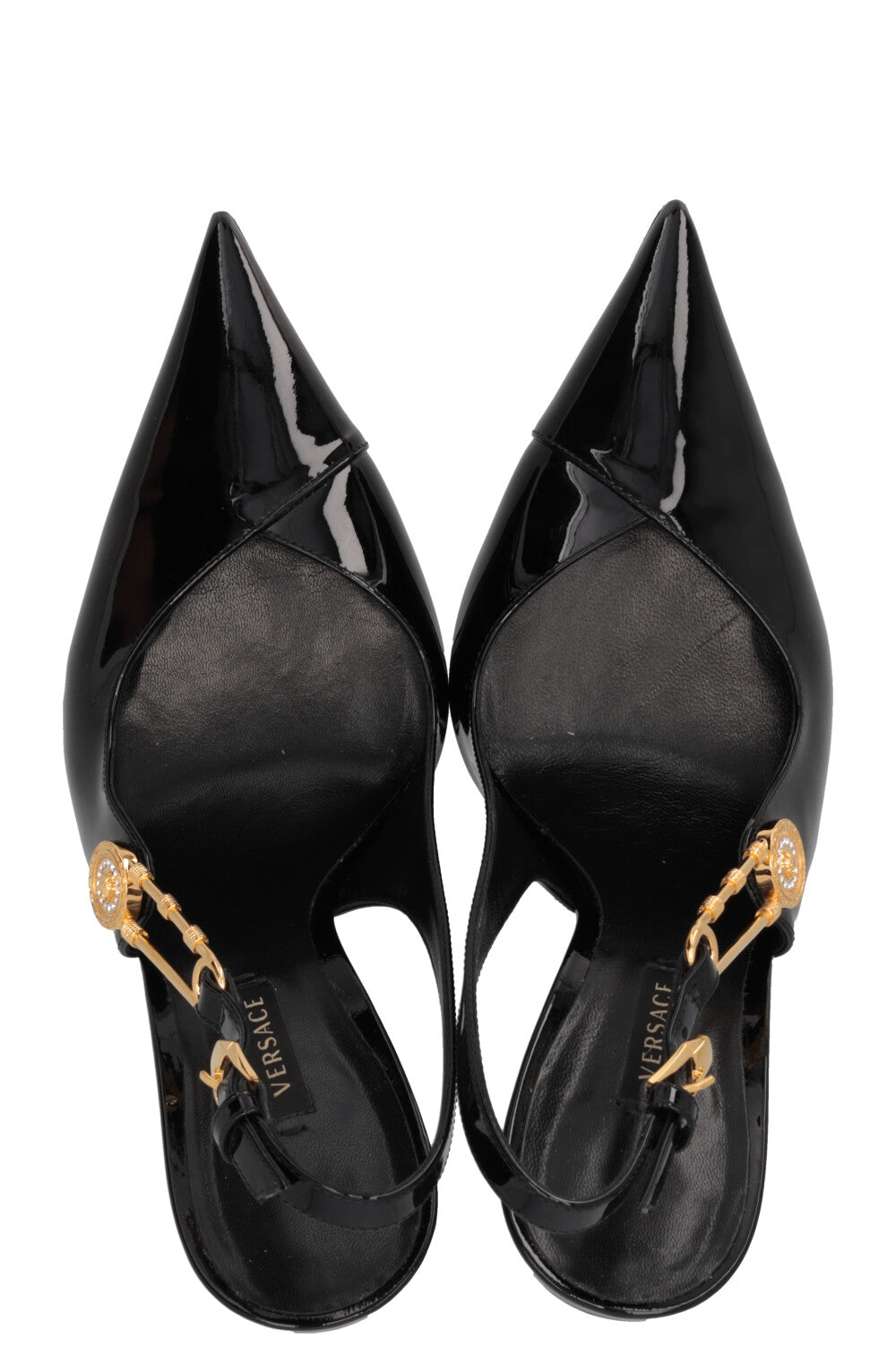 VERSACE Safety Pin Slingback Heels Patent Black
