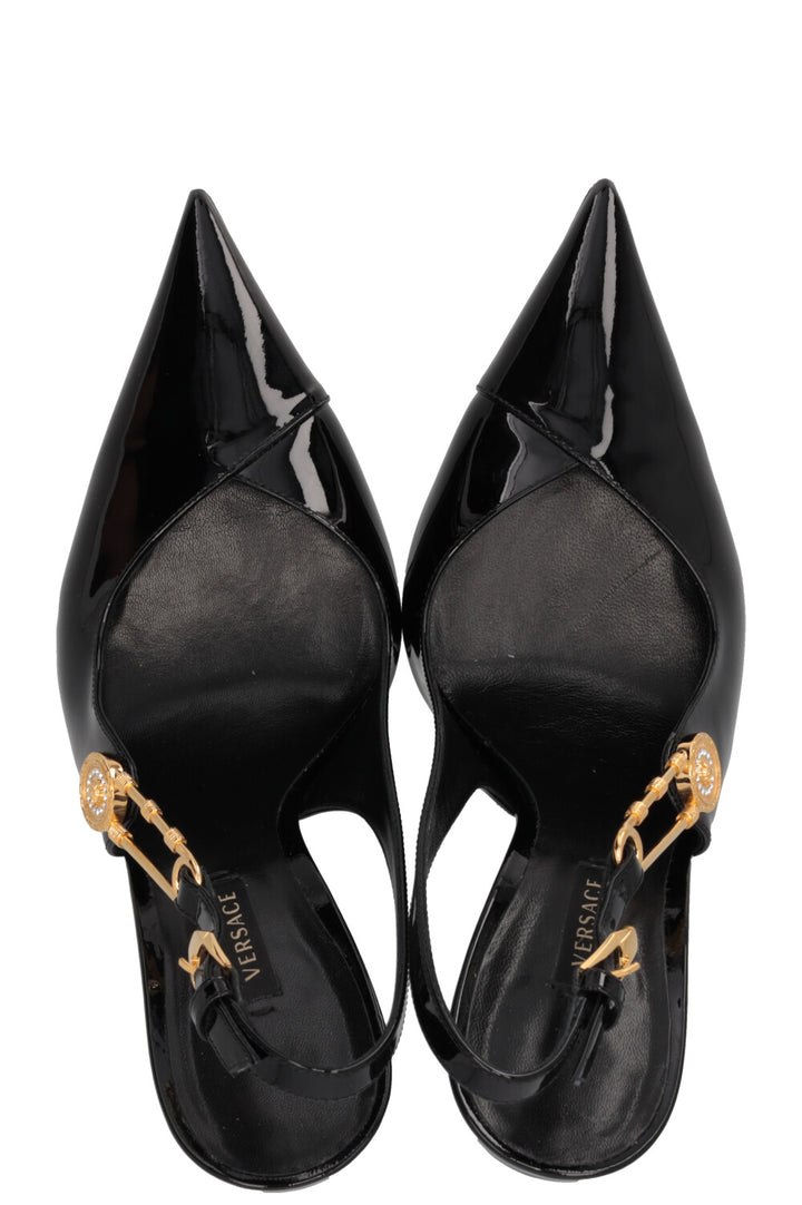 VERSACE Safety Pin Slingback Heels Patent Black