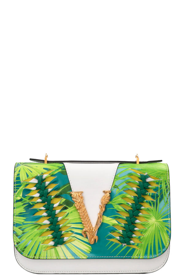 VERSACE Virtus Jungle Print Shoulder Bag Leather White Green