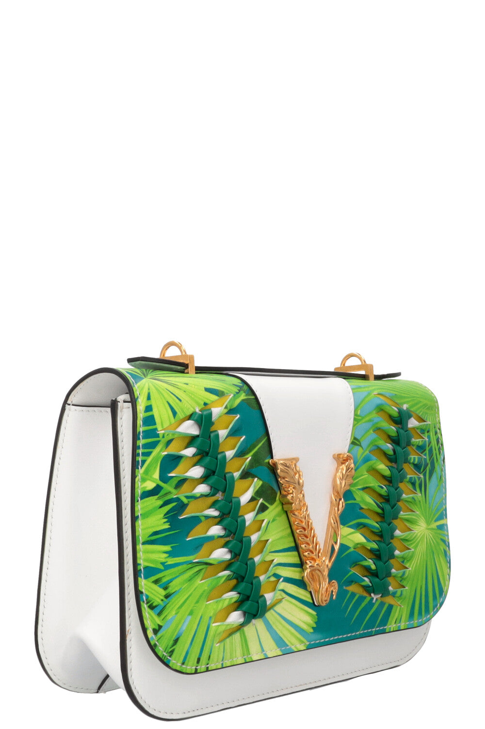 VERSACE Virtus Jungle Print Shoulder Bag Leather White Green
