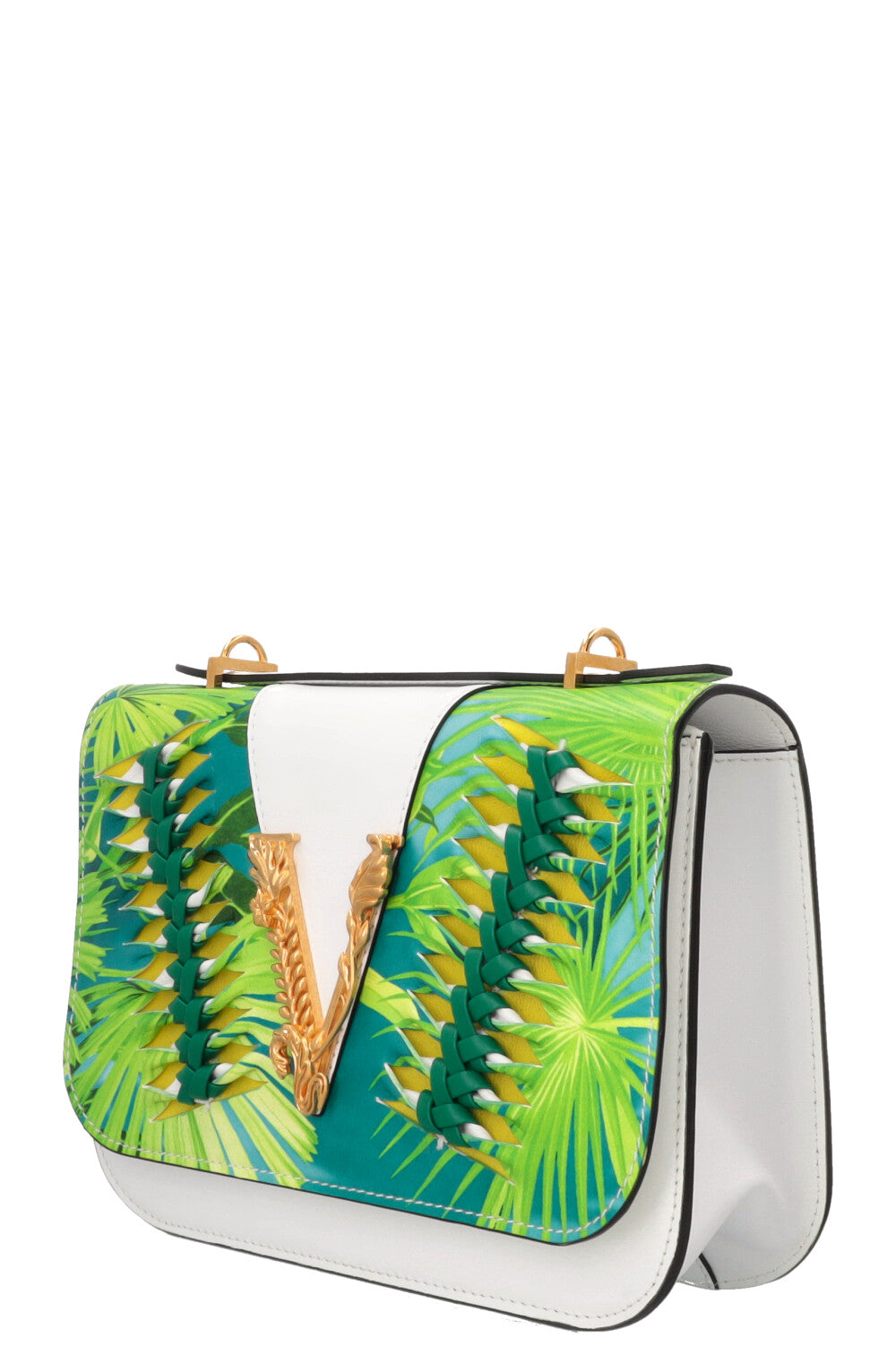 VERSACE Virtus Jungle Print Shoulder Bag Leather White Green